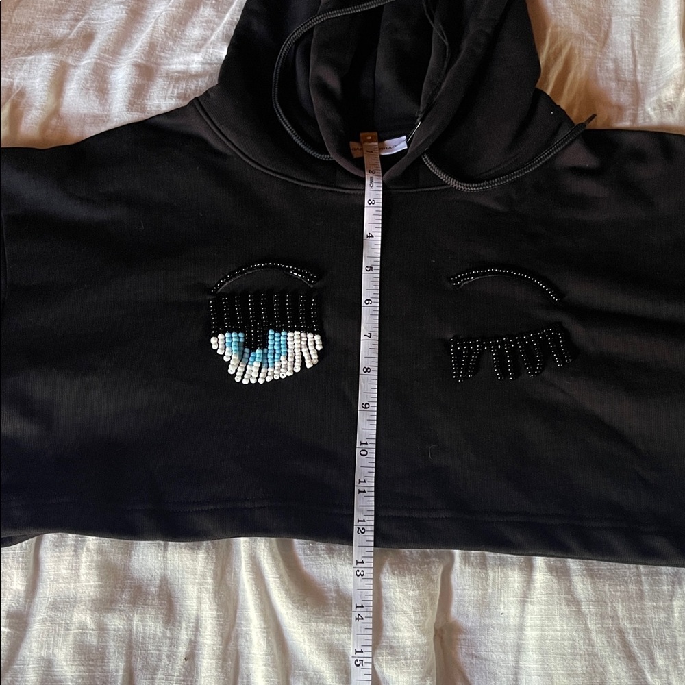 Chiara Ferragni NWT Black Cropped Hoodie with Flirting Beaded Wink Detail - Picture 12 of 14